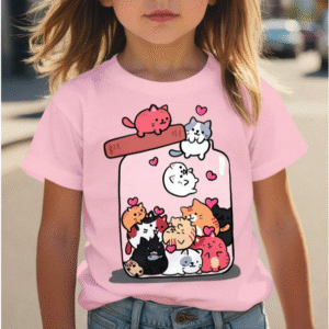 Camiseta de manga corta con cuello redondo y patrón de gato
