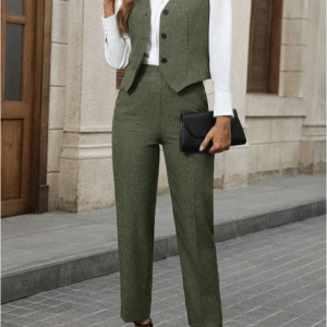 Conjunto de traje informal de blusa sin mangas de cierre de botones